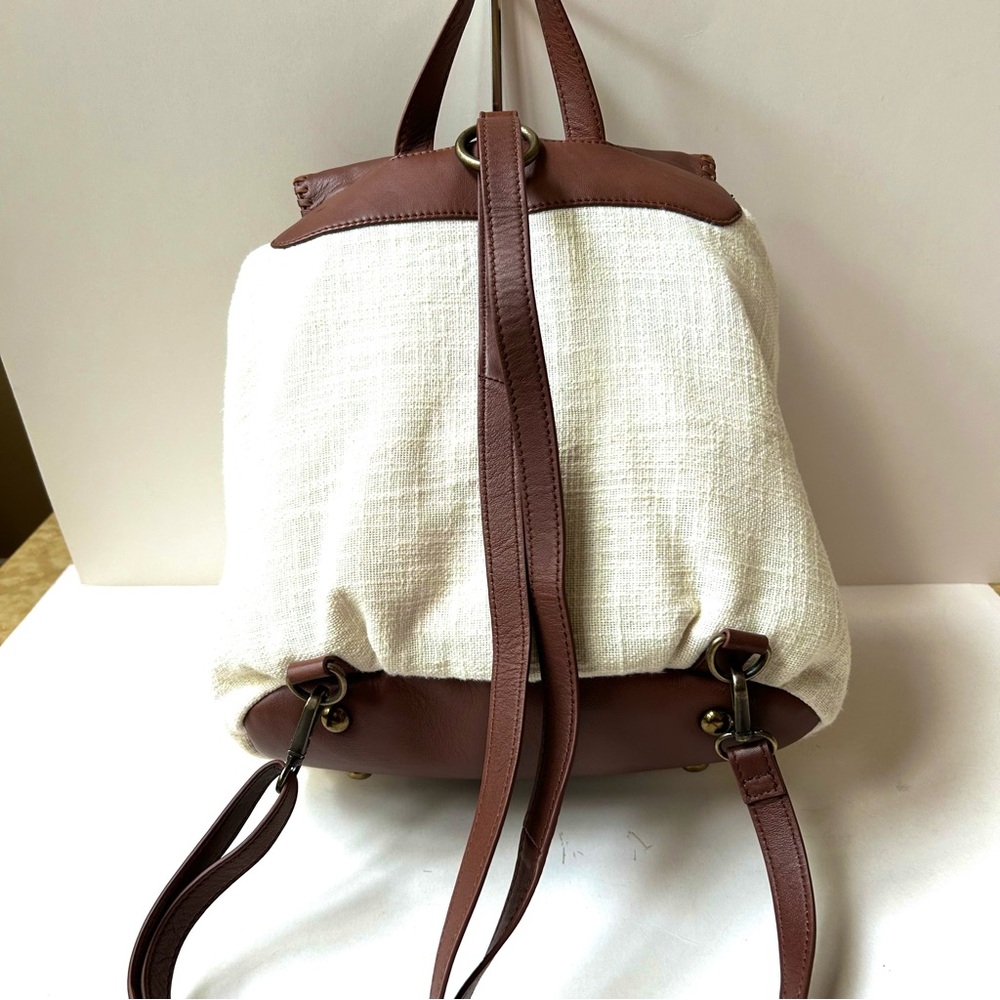 Coldwater Creek Brown Leather and Cream Cotton Backpack/Crossbody Bag - Picture 2 of 9